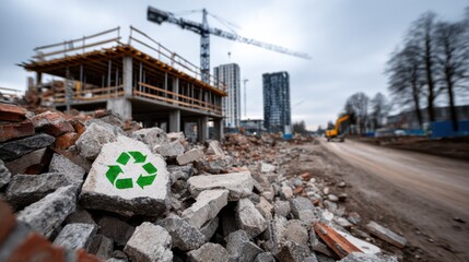Pile of construction debris with recycling icon on rock, industrial site, crane in background, promoting eco-friendly building practices.