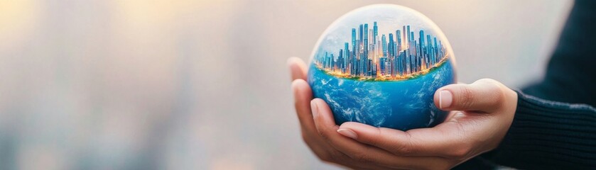 World in Hand City Skyline on Globe, Ecology, Sustainability