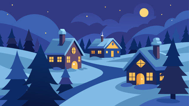 Night winter scene with houses and trees