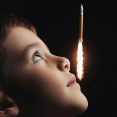 Young Boy's Gaze Rocket Launch Dream, Space ,Future