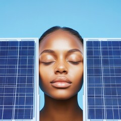 Zen Woman Surrounded by Solar Panels, Clean Energy , Sustainability