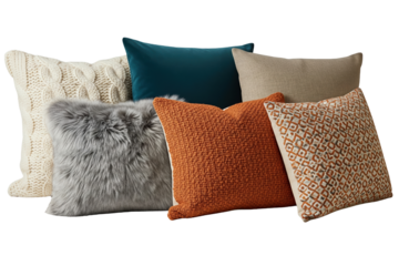 Assorted decorative sofa throw pillows with various textures on a transparent background