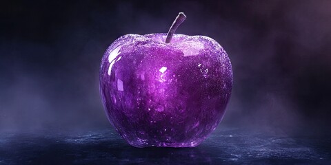 Glowing purple apple with sparkling glitter surface and misty purple smoke surrounding it on dark reflective background