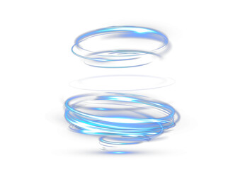 Naklejka premium Glowing blue light vortex rings with neon swirl trails isolated on black background.