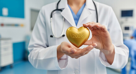 Doctor holds golden heart with 2026. Concept: medical care, cardiology, future, planning. Medical scene, doctor in lab coat with stethoscope