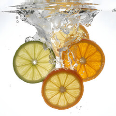 photograph of fresh citrus slices falling into clear water