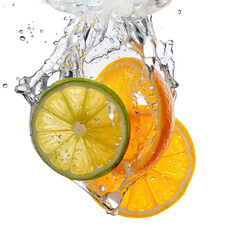 photograph of fresh citrus slices falling into clear water