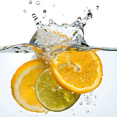 photograph of fresh citrus slices falling into clear water