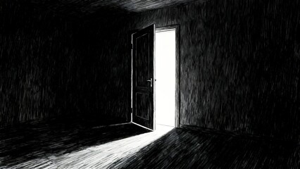 The room is very dark, with a single door opening to a ray of light. It's hand-painted, using only black and white colors.