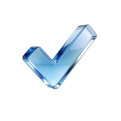 Glossy glass checkmark icon angled in blue tones, isolated on transparent background. Approval and completion symbol for UI elements, apps, task lists, dashboards, and modern digital interfaces.