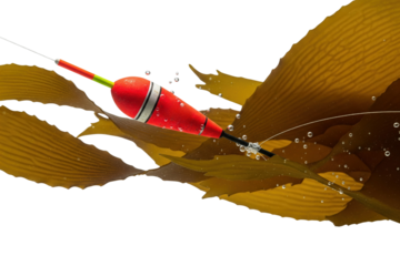 Red and white fishing float bobber tangled in brown kelp seaweed on a transparent background