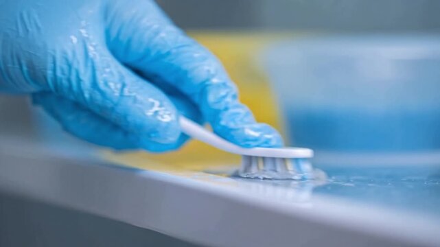 Close-up of a gloved hand using a toothbrush to apply hydrogen peroxide