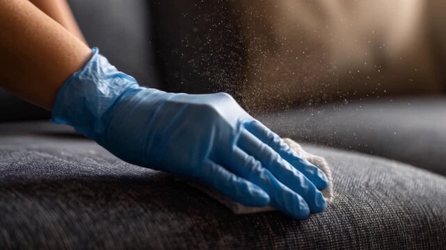 Dry cleaning sofa concept. Close-up of a gloved female hand scrubbing baking soda onto a fabric sofa. Dry cleaning sofa concept.