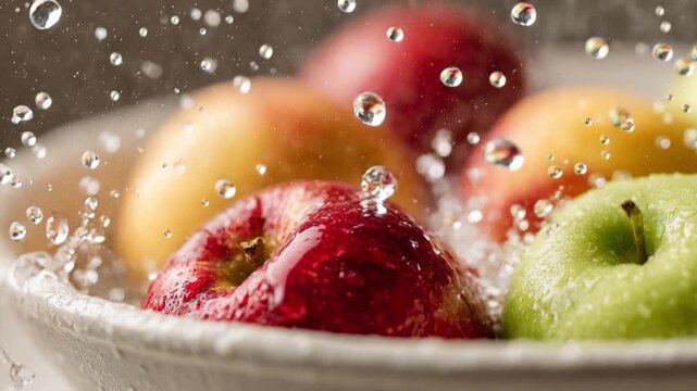 Close-up of sodium hypochlorite drops falling into bowl of water with apples and peaches, food sanitization concept