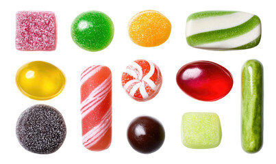 Colorful array of assorted hard candies.  Various shapes and bright colors.  Close-up view