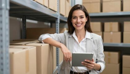 Efficient logistics management smiling warehouse employee using tablet for inventory control in modern storage facility