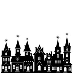 Obraz premium A silhouetted cityscape of gothic buildings and twinkling stars against a white background