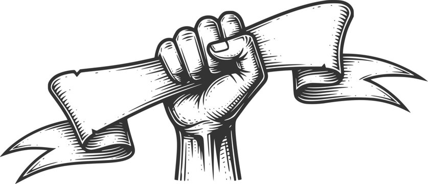 A fist holding a scroll banner paper ribbon revolution concept in a woodcut engraved etching vintage style.
