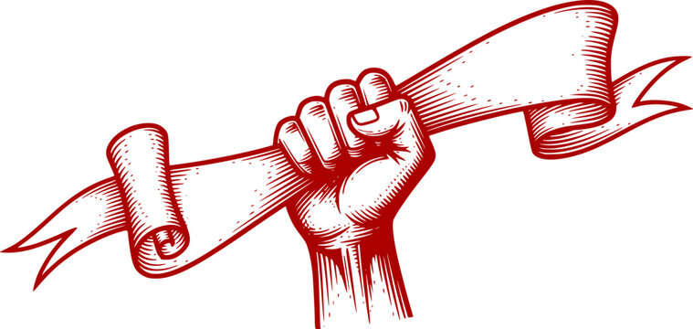 A fist holding a scroll banner paper ribbon revolution concept in a woodcut engraved etching vintage style.
