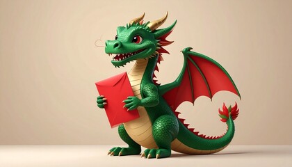 Fototapeta premium Green Chinese Dragon Holding Red Envelope Against Beige Background Symbolizing Prosperity, Celebration, and Lunar New Year Tradition