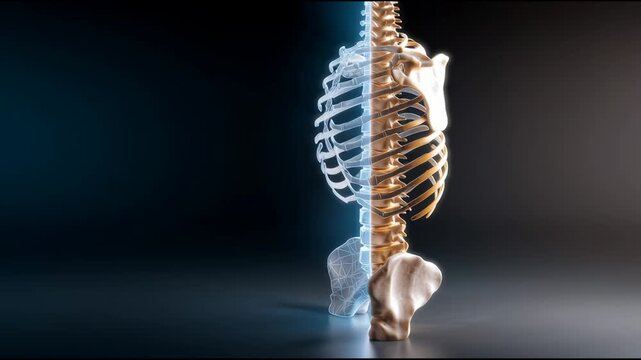 A skeleton is shown in two different poses, one of which is a side view of the spine. Concept of contrast and duality, as the two different poses of the skeleton are juxtaposed against each other