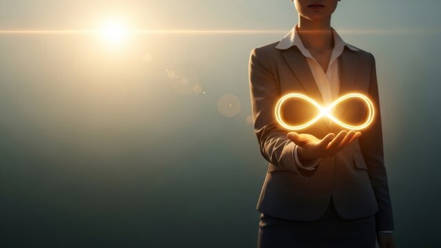 Woman business person holding glowing infinity symbol in hand. Concept of endless possibilities and unlimited potential for company success.