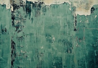 Aged distressed teal green wall with cracked peeling paint revealing layers underneath