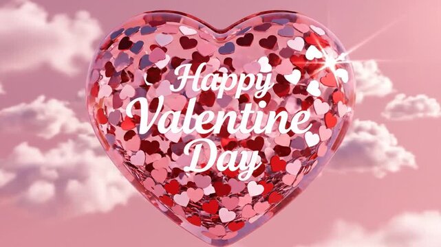 Heart shaped confetti filled balloon floats amidst fluffy clouds on valentines day