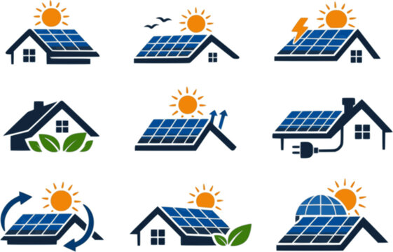 Solar panel vector icon collection for roof. Alternative, eco-friendly, renewable and sustainable energy symbol. Vector illustration
