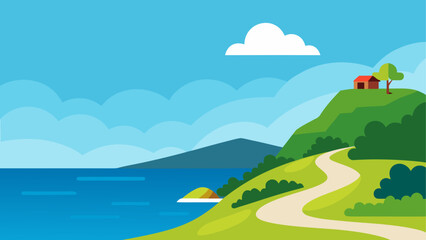 Obraz premium Serene coastal landscape with hillside cottage