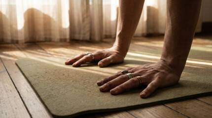 Hands-on-mat morning ritual close-up