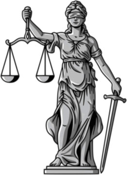 Themis goddess sculpture isolated on white background. Lady justice with scales and sword in hands. Judiciary symbol. Vector illustration.
