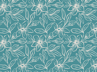 Seamless Hand Drawn White Floral Line Art Pattern on Teal Background