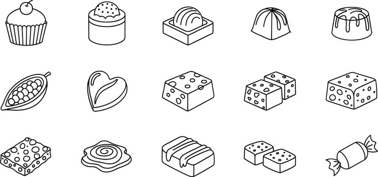 A diverse collection of simple line art icons representing various chocolate treats and cocoa elements