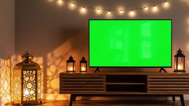 Cozy living room interior featuring a television with green screen display and warm decorative lantern lighting creating a modern home entertainment and festive ambiance concept