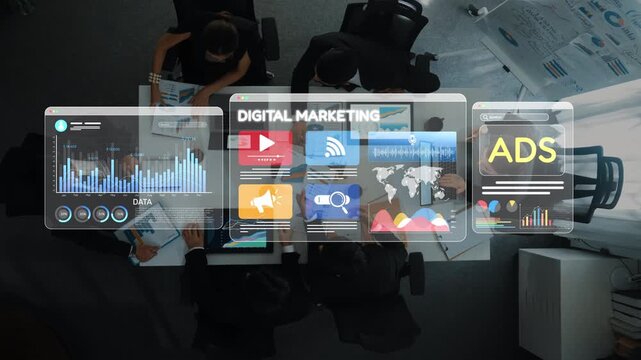 A group of professionals collaborates on digital marketing strategies in a modern office. The image showcases data visualizations and informative charts for effective planning. Raster