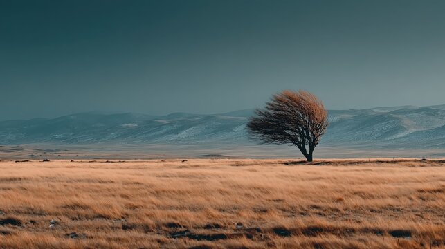 Resilient solitary tree stands against the powerful forces of nature in a vast, wind-swept golden meadow, with majestic snow-dusted mountains under a dramatic teal sky, showcasing serene yet raw wilde