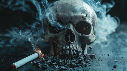 Smoking mortality concept showing skull ash formation and deadly addiction effects