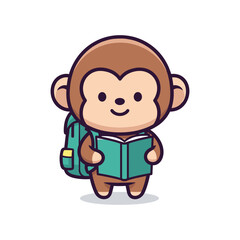 Obraz premium Cartoon Monkey with Backpack Reading a Book Illustration