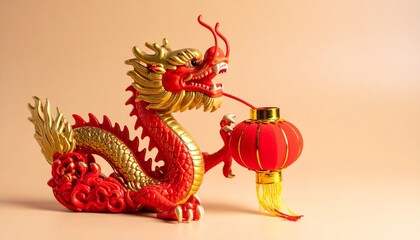 Decorative Chinese Dragon with Red Lantern Featuring Gold Accents and Symbolic Elements of Strength and Prosperity
