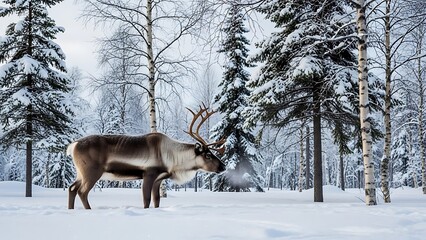 Obraz premium Majestic Reindeer Standing in a Deeply Snow-Covered Boreal Forest, Northern Wilderness Scene with Birch and Pine Trees, Cold Winter Landscape Wildlife Photography