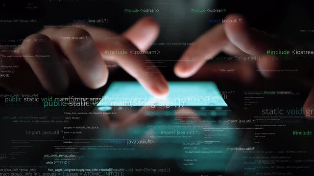 A close-up view of hands holding a smartphone while typing code, surrounded by floating lines of programming text, illustrating the connection between technology and software. Xenic