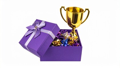 Golden Trophy Beside Purple Gift Box with Matching Ribbon Symbolizing Celebration, Achievement, and Special Recognition