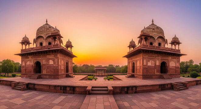 The royal cenotaphs of historic rulers, also known as Jaisalmer Chhatris, at Bada Bagh in Jaisalmer, Rajasthan, India. Cenotaphs made of yellow sandstone at sunset