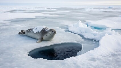 Adorable Arctic Seal Resting on Sea Ice Floe near Open Water Hole, Surrounded by Vast Frozen Polar Landscape in the Cold North.