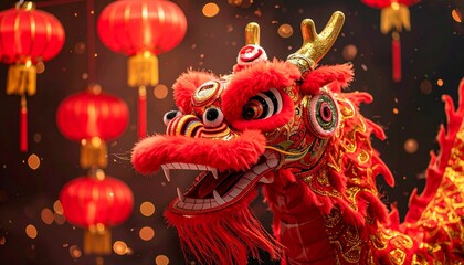 Red Chinese Dragon with Golden Accents Surrounded by Lanterns and Confetti in Festive Celebration Setting