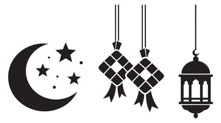 Fototapeta premium Graphic icon set featuring a crescent moon, stars, ketupat, and a lantern for Islamic holidays