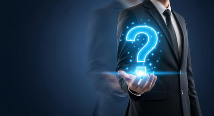 Man in suit presents glowing question mark in hand, symbolizes uncertainty, inquiry, or problem-solving in business and technological context