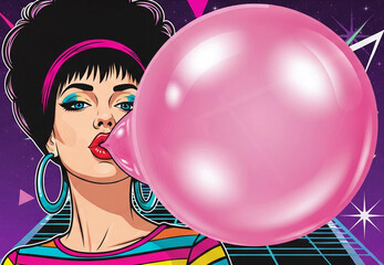 Surprised woman with pink bubble gum. Beautiful girl chewing gum. 