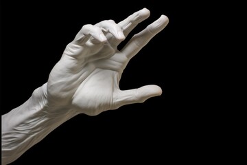White marble hand and arm sculpture with detailed veins reaching out against a black background